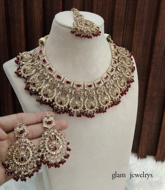 Antique Gold Maroon Indian Bridal Binder Jewellery Necklace Set