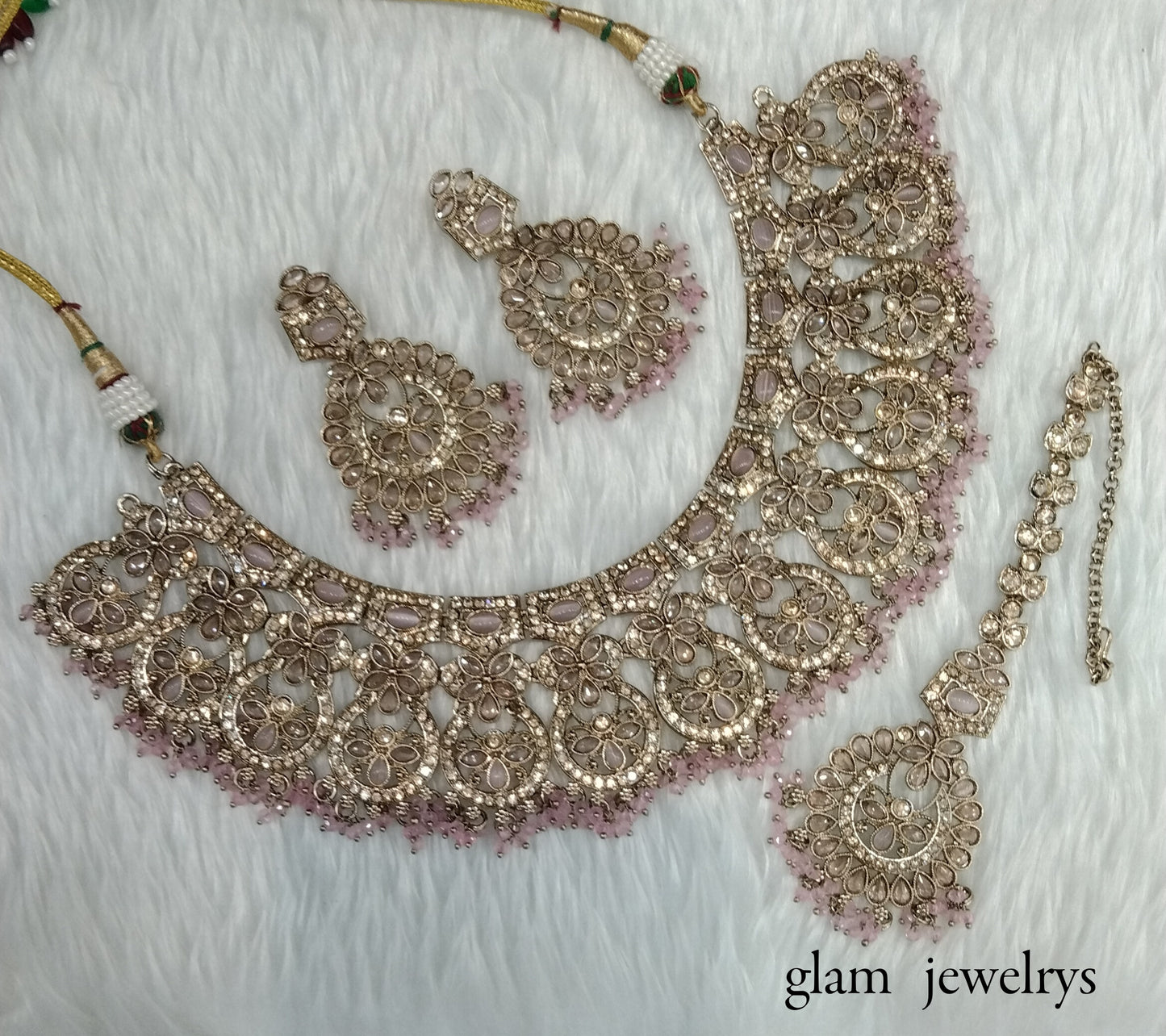 Antique Gold Pink Indian Bridal Binder Jewellery Necklace Set