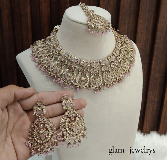 Antique Gold Pink Indian Bridal Binder Jewellery Necklace Set
