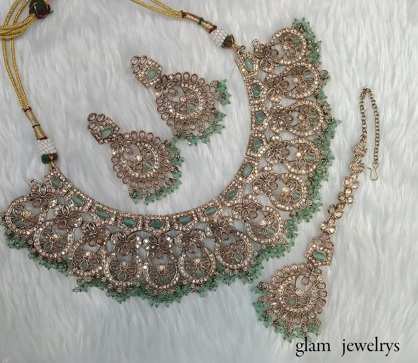 Antique Gold Mint Indian Bridal Binder Jewellery Necklace Set