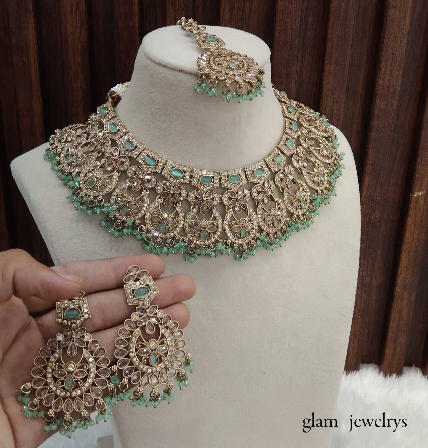 Antique Gold Mint Indian Bridal Binder Jewellery Necklace Set