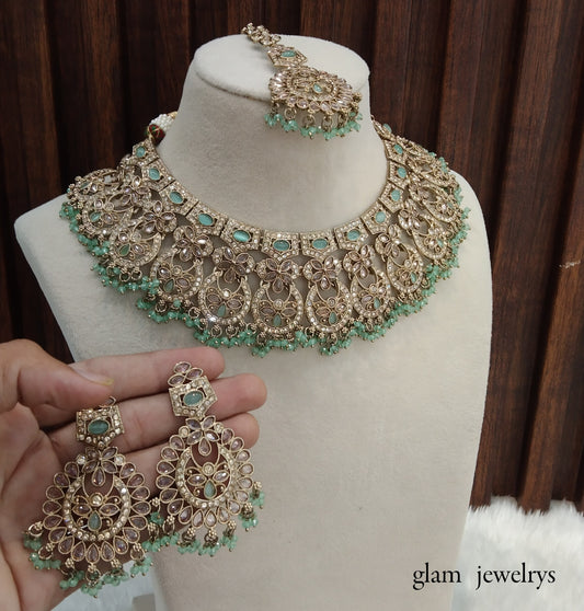 Antique Gold Mint Indian Bridal Binder Jewellery Necklace Set
