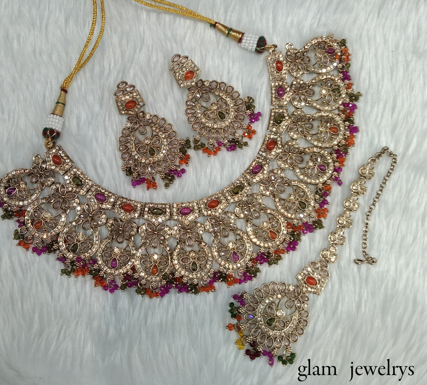Antique Gold Multi Colour Indian Bridal Binder Jewellery Necklace Set