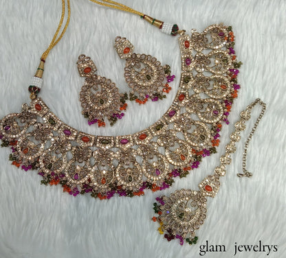 Antique Gold Multi Colour Indian Bridal Binder Jewellery Necklace Set