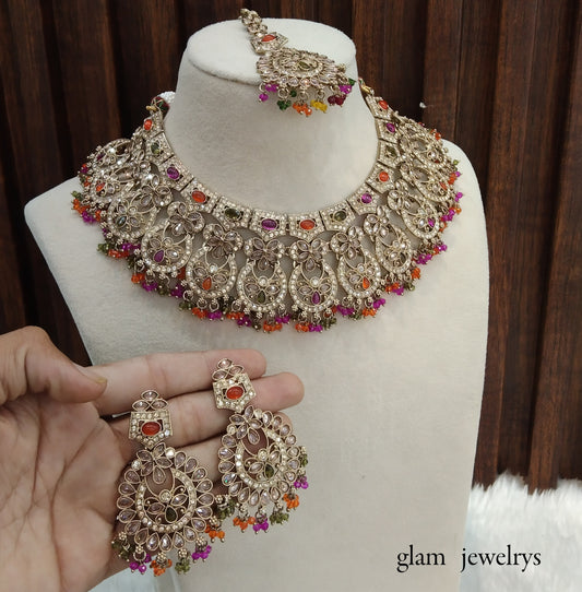 Antique Gold Multi Colour Indian Bridal Binder Jewellery Necklace Set