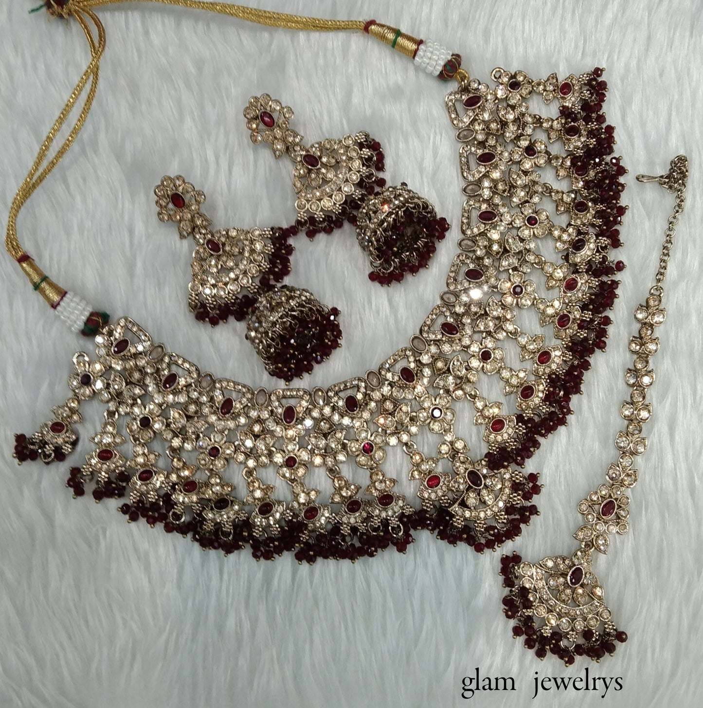 Antique Gold Maroon Indian Bridal Binder Jewellery Necklace Set
