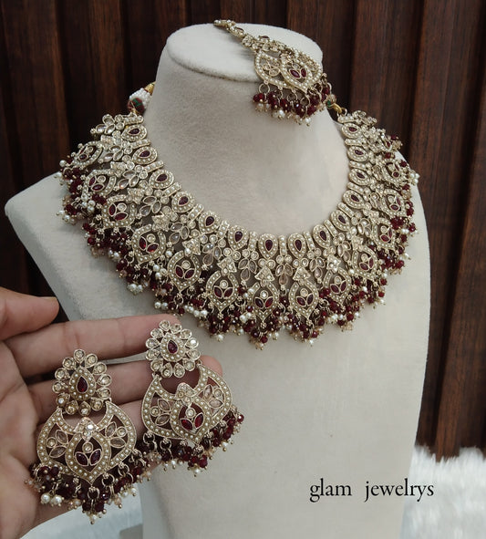 Antique Gold Maroon Indian Bridal Binder Jewellery Necklace Set