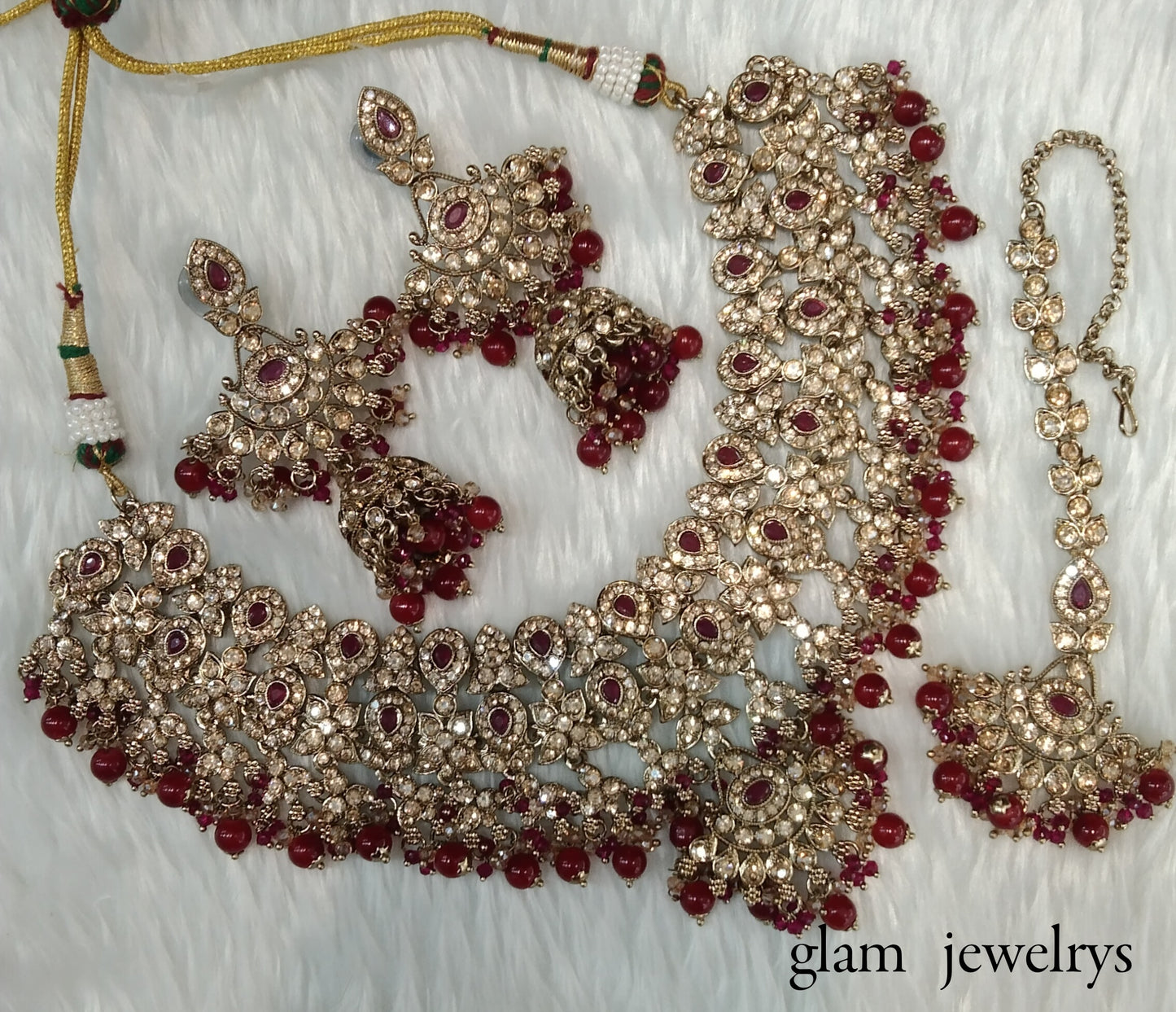 Antique Gold Ruby Indian Bridal Binder Jewellery Necklace Set