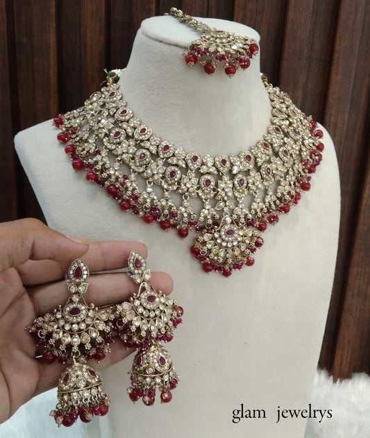 Antique Gold Ruby Indian Bridal Binder Jewellery Necklace Set