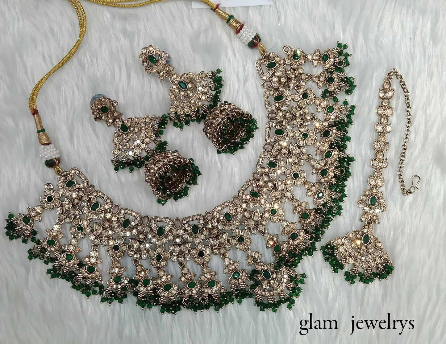 Antique Gold Green Indian Bridal Binder Jewellery Necklace Set