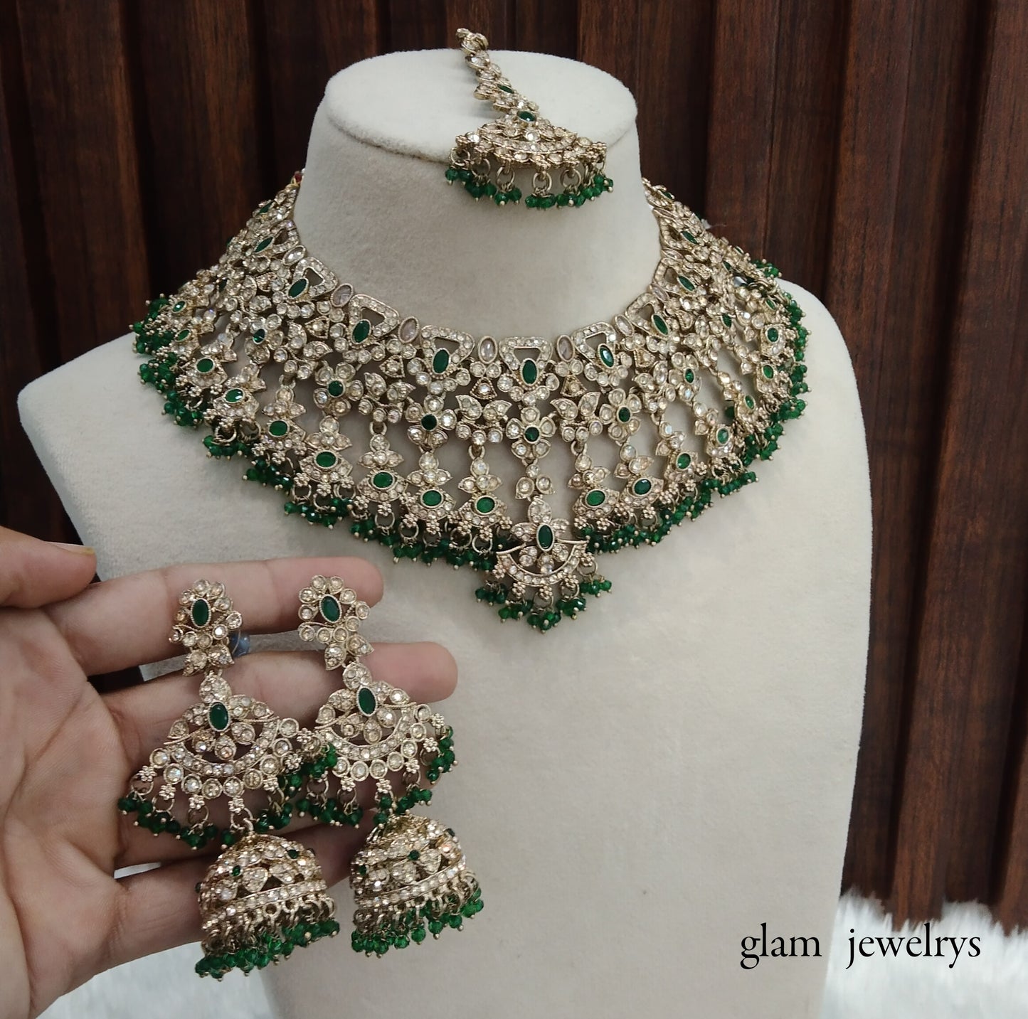 Antique Gold Green Indian Bridal Binder Jewellery Necklace Set