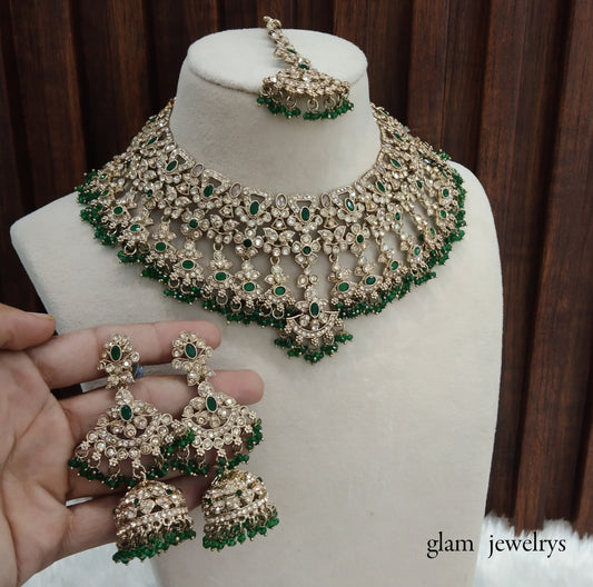 Antique Gold Green Indian Bridal Binder Jewellery Necklace Set