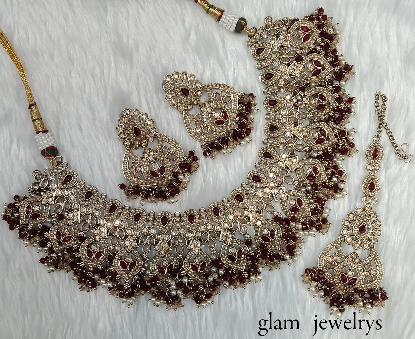 Antique Gold Maroon Indian Bridal Binder Jewellery Necklace Set