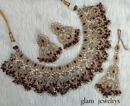 Antique Gold Maroon Indian Bridal Binder Jewellery Necklace Set