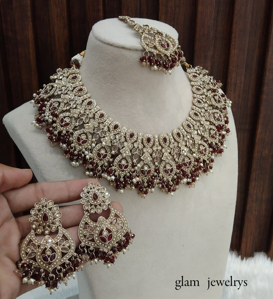 Antique Gold Maroon Indian Bridal Binder Jewellery Necklace Set