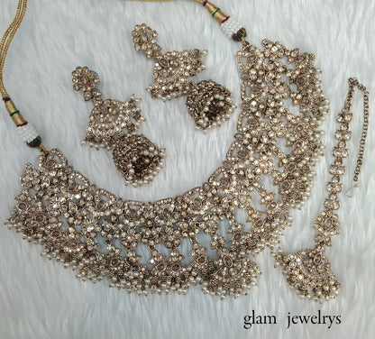 Antique Gold Indian Bridal Binder Jewellery Necklace Set