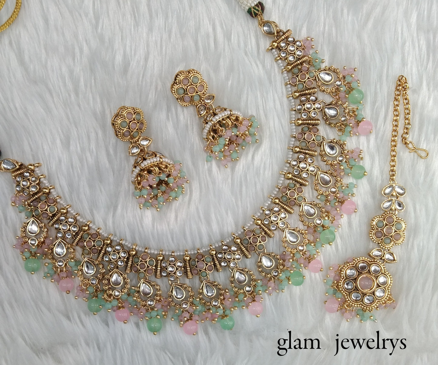 Mint Pink Kundan necklace Set/ kundan Indian jewelry kundan Amrit sets