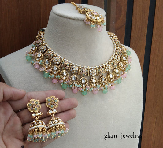 Mint Pink Kundan necklace Set/ kundan Indian jewelry kundan Amrit sets