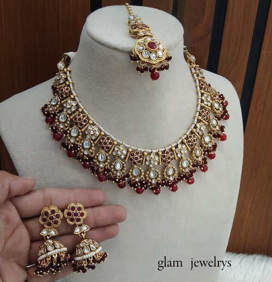 Maroon Kundan necklace Set/ kundan Indian jewelry kundan Amrit sets