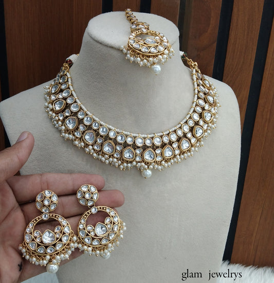 Gold white Kundan necklace Set/ kundan Indian jewelry kundan Jinder sets