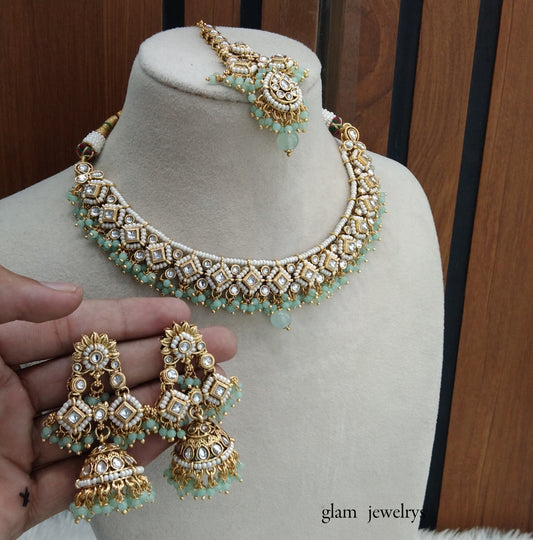 Mint Kundan necklace Set/ kundan Indian jewelry kundan Rajveer sets