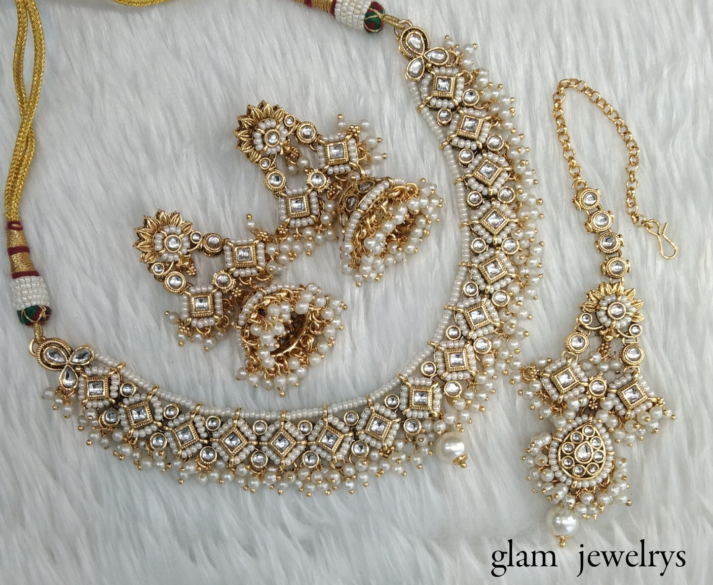 Gold white Kundan necklace Set/ kundan Indian jewelry kundan Rajveer sets