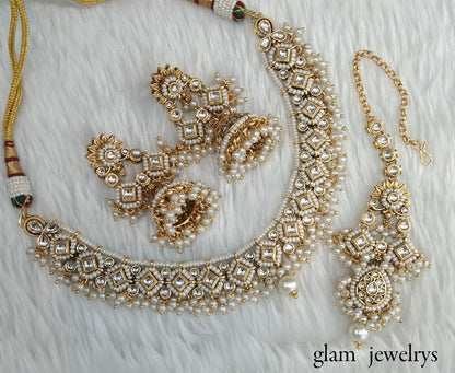 Gold white Kundan necklace Set/ kundan Indian jewelry kundan Rajveer sets