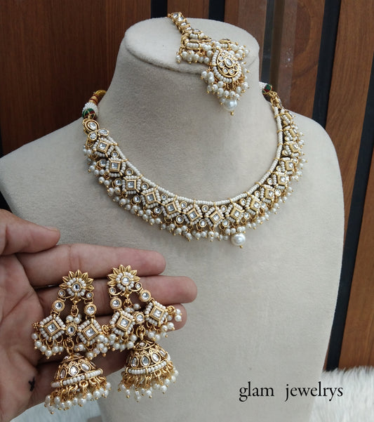 Gold white Kundan necklace Set/ kundan Indian jewelry kundan Rajveer sets