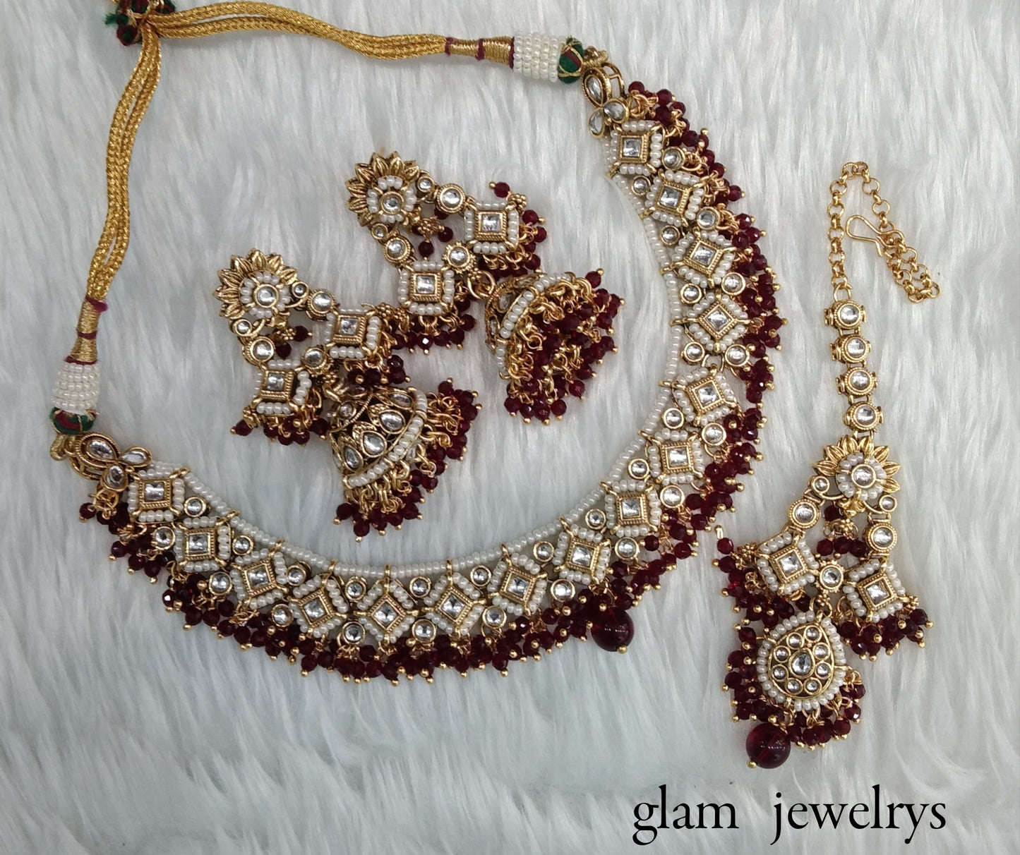 Maroon Kundan necklace Set/ kundan Indian jewelry kundan Rajveer sets