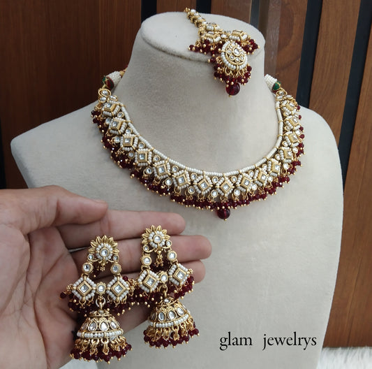 Maroon Kundan necklace Set/ kundan Indian jewelry kundan Rajveer sets