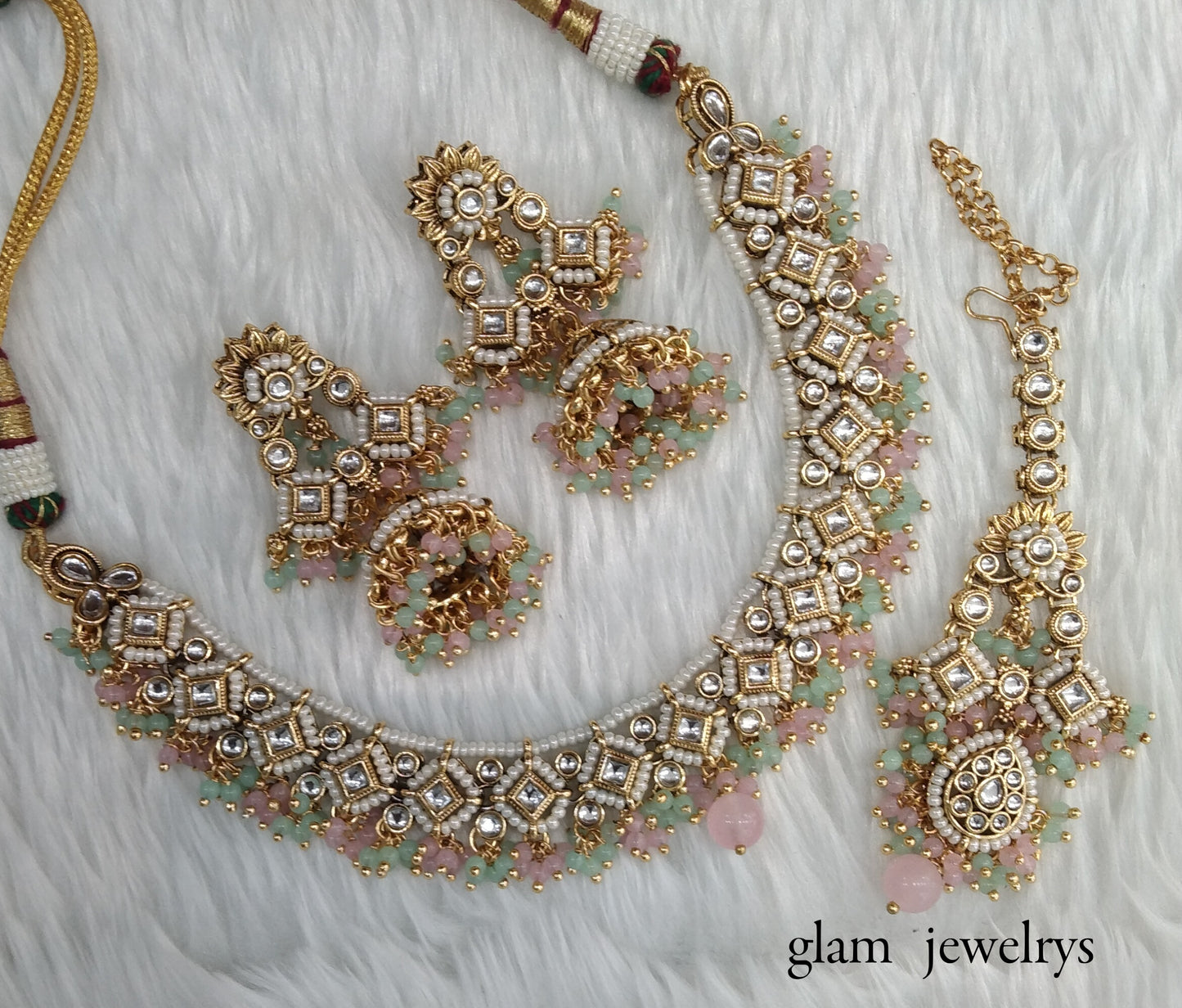 Mint Pink Kundan necklace Set/ kundan Indian jewelry kundan Rajveer sets