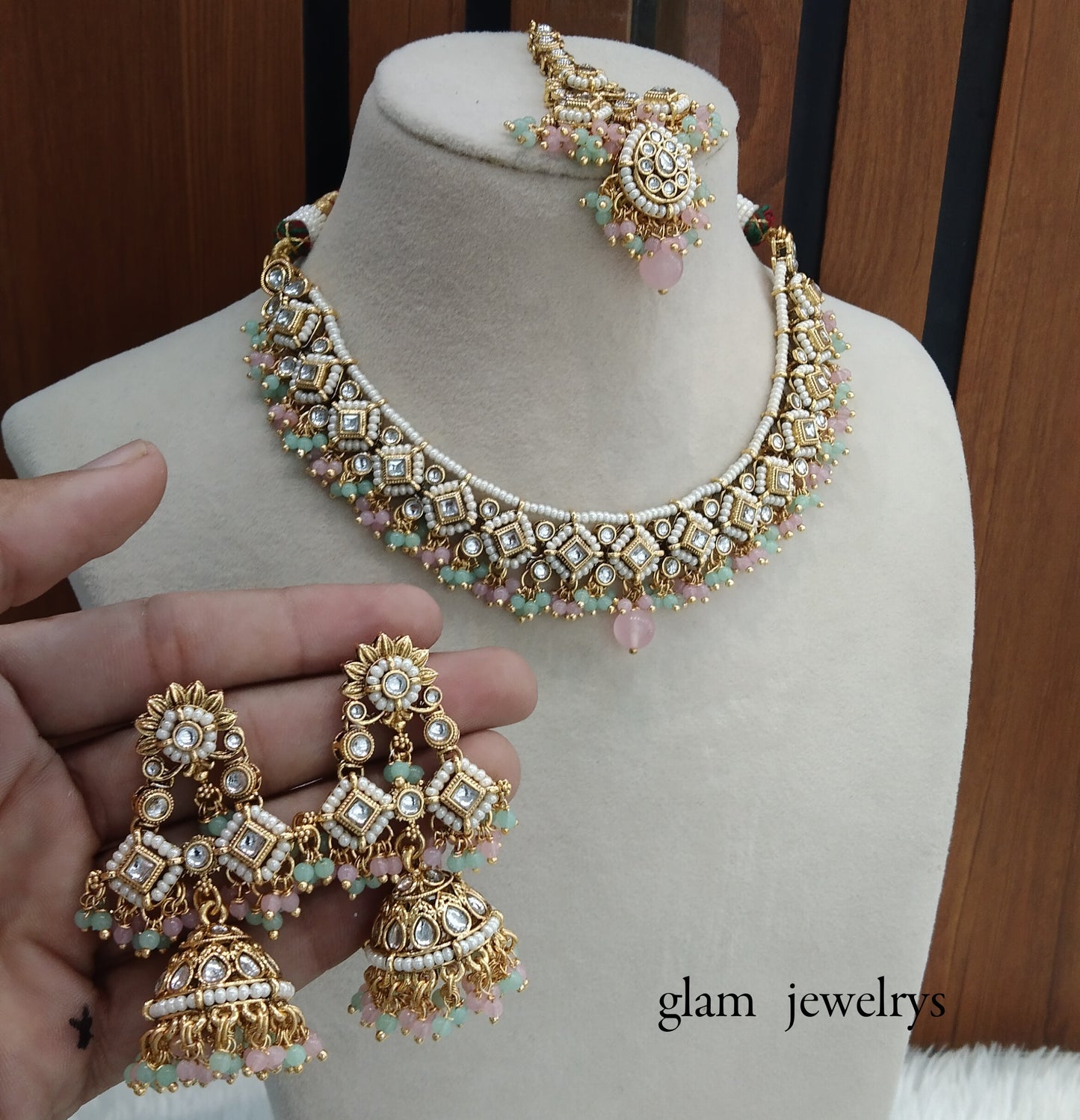 Mint Pink Kundan necklace Set/ kundan Indian jewelry kundan Rajveer sets