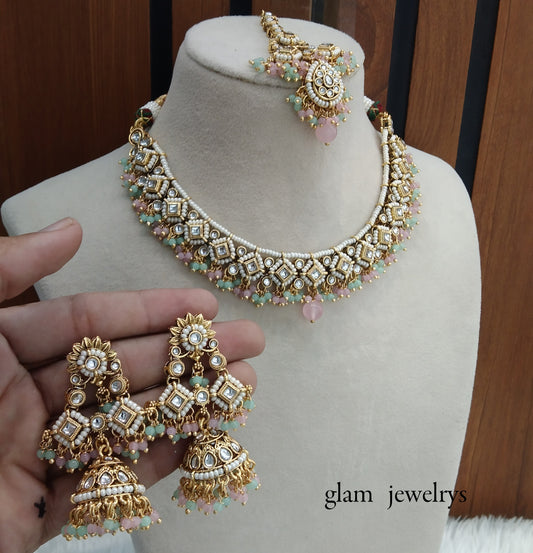 Mint Pink Kundan necklace Set/ kundan Indian jewelry kundan Rajveer sets