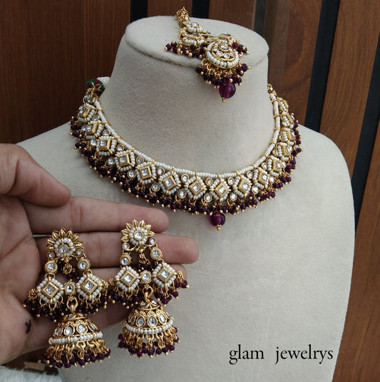 Purple Kundan necklace Set/ kundan Indian jewelry kundan Rajveer sets