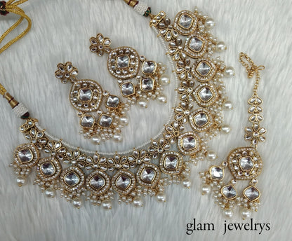 Gold White Kundan necklace Set/ kundan Indian jewelry kundan Sukh sets