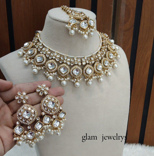 Gold White Kundan necklace Set/ kundan Indian jewelry kundan Sukh sets
