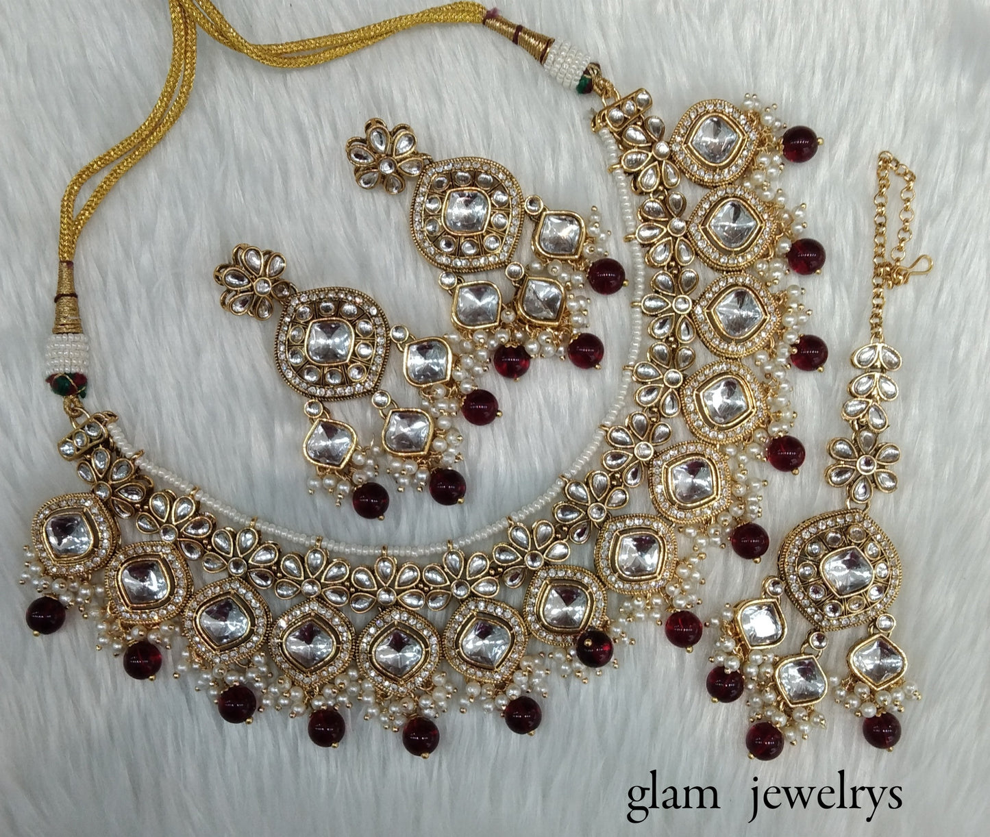 Maroon Kundan necklace Set/ kundan Indian jewelry kundan Sukh sets