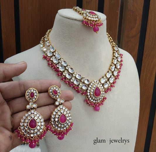 Dark Pink Kundan necklace Set/ kundan Indian jewelry kundan Khus sets