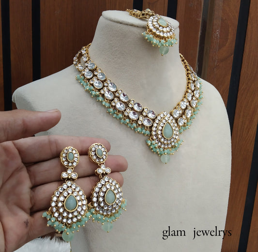 Mint Kundan necklace Set/ kundan Indian jewelry kundan Khus sets