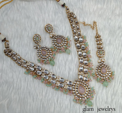 Mint Pink Kundan necklace Set/ kundan Indian jewelry kundan Khus sets