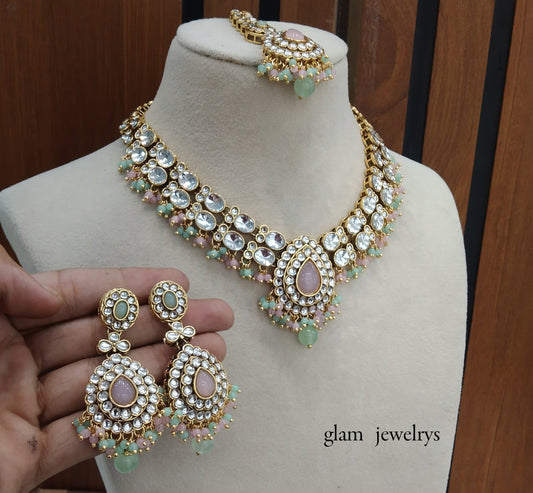 Mint Pink Kundan necklace Set/ kundan Indian jewelry kundan Khus sets