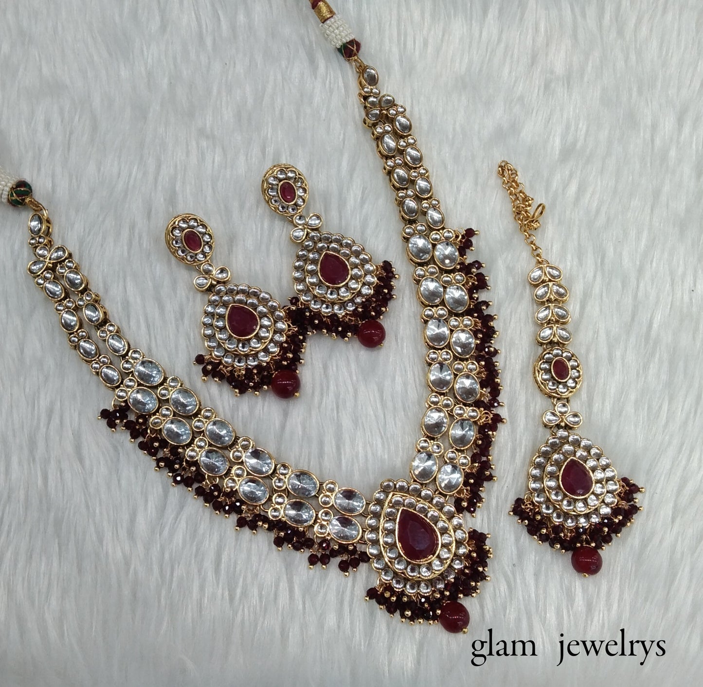 Maroon Kundan necklace Set/ kundan Indian jewelry kundan Khus sets