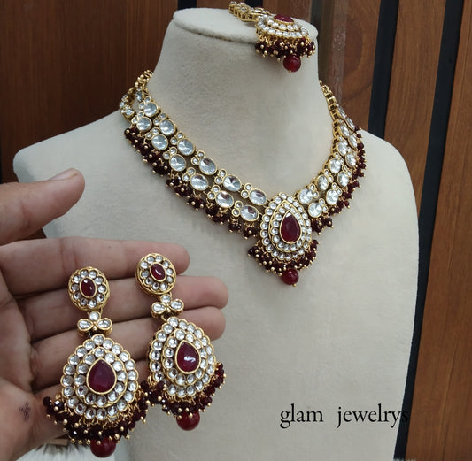 Maroon Kundan necklace Set/ kundan Indian jewelry kundan Khus sets