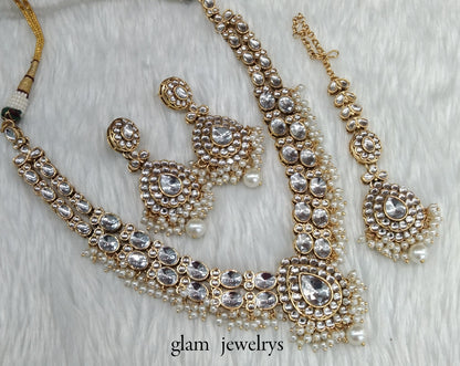 Gold White Kundan necklace Set/ kundan Indian jewelry kundan Khus sets