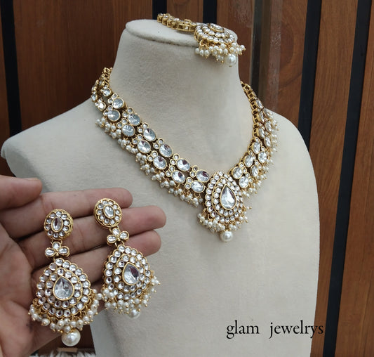 Gold White Kundan necklace Set/ kundan Indian jewelry kundan Khus sets
