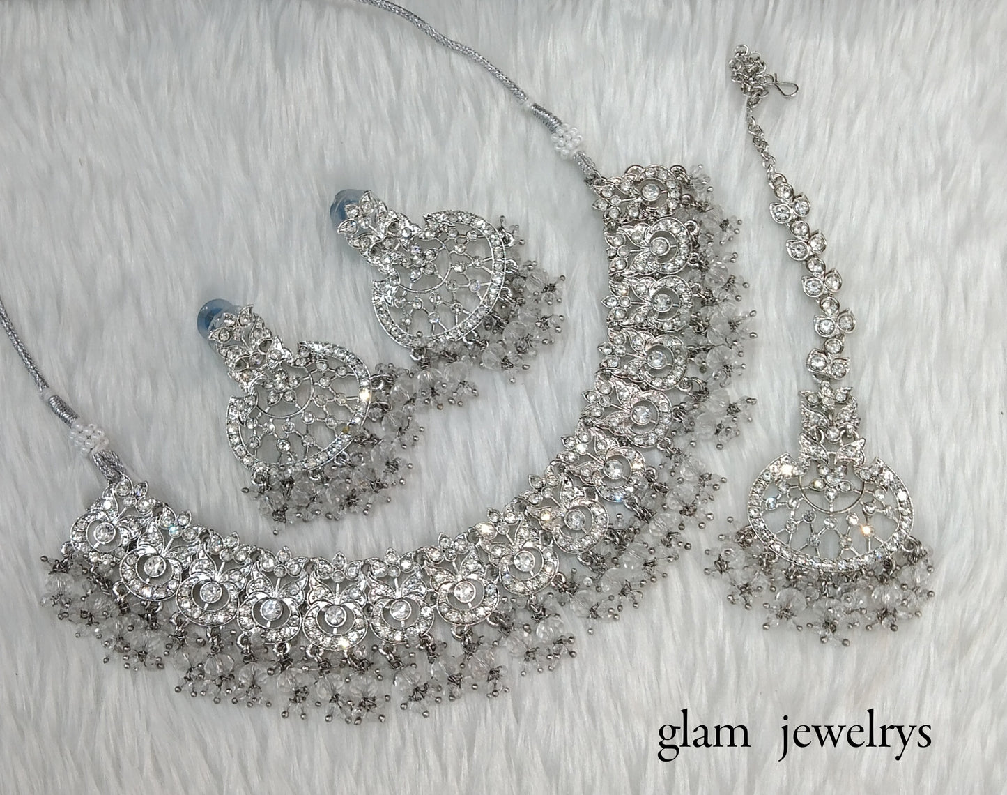 Silver Crystal Indian Bridal Isha Jewellery Necklace Set