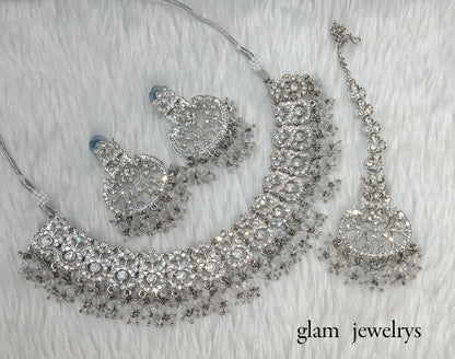 Silver Crystal Indian Bridal Isha Jewellery Necklace Set