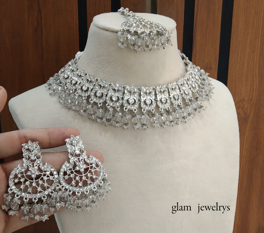 Silver Crystal Indian Bridal Isha Jewellery Necklace Set
