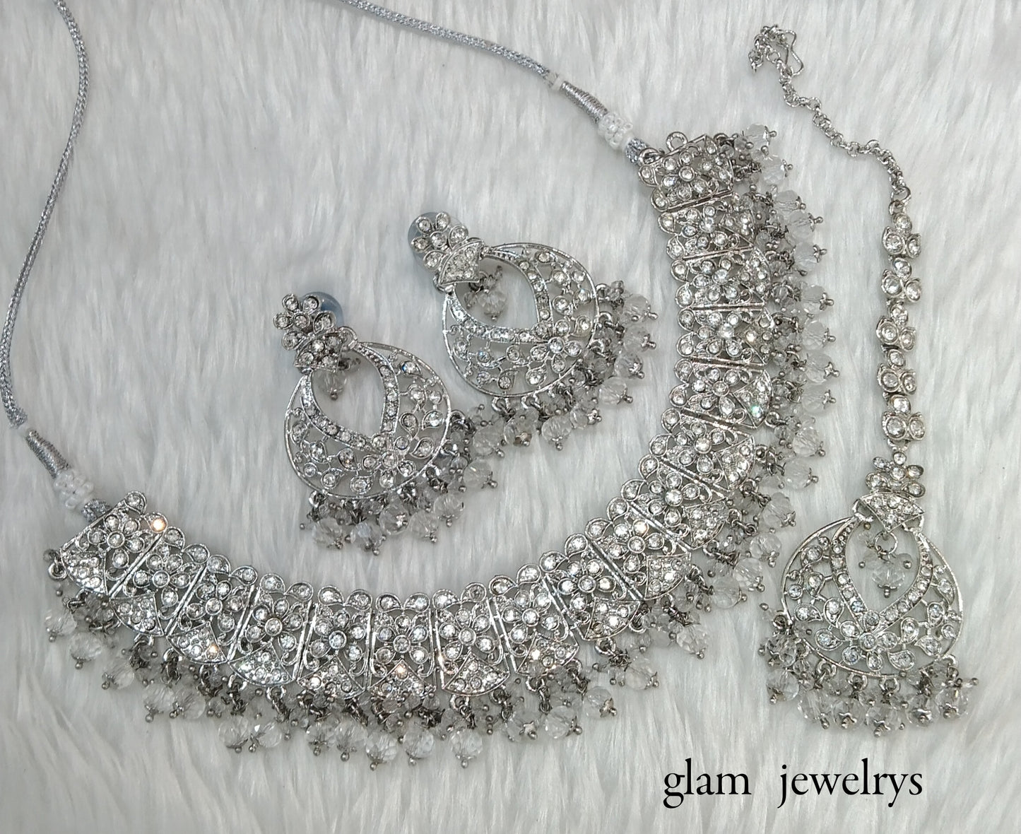 Silver Crystal  Indian Bridal Isha Jewellery Necklace Set