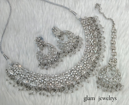 Silver Crystal  Indian Bridal Isha Jewellery Necklace Set
